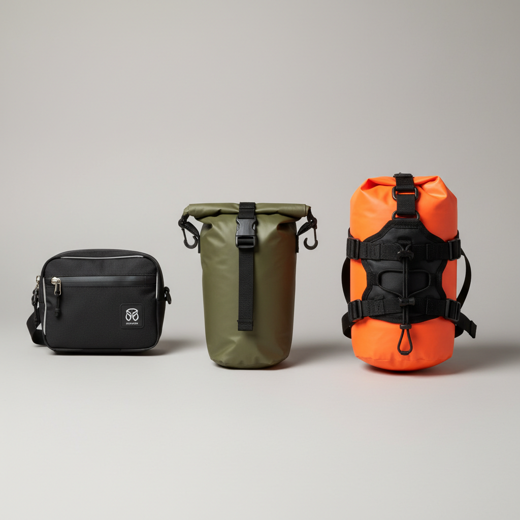 Different handlebar bike bag styles: compact zip bag, roll-top, harness system