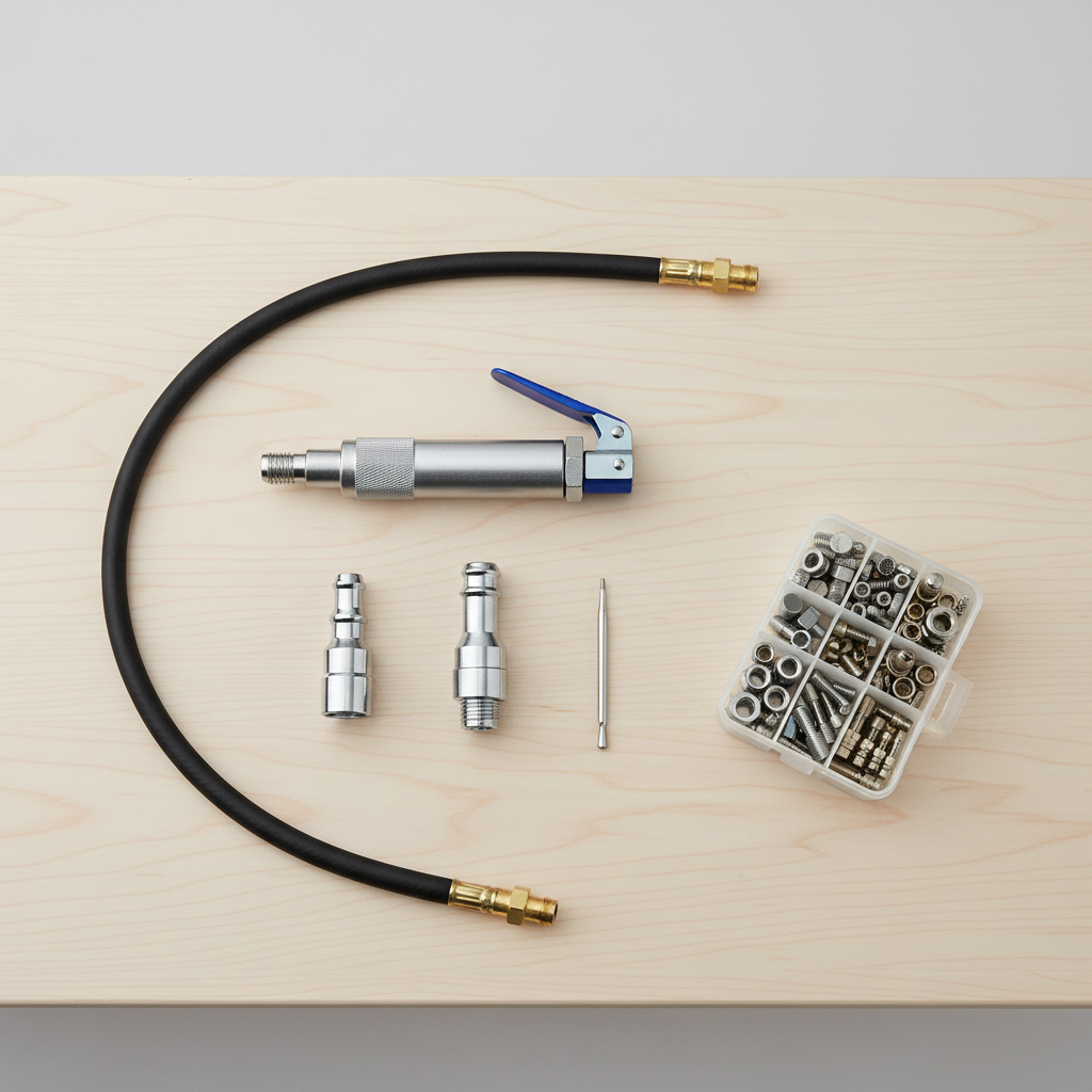 Organized grease fitting tool kit with couplers, adapters, whip hose, and zerk assortment