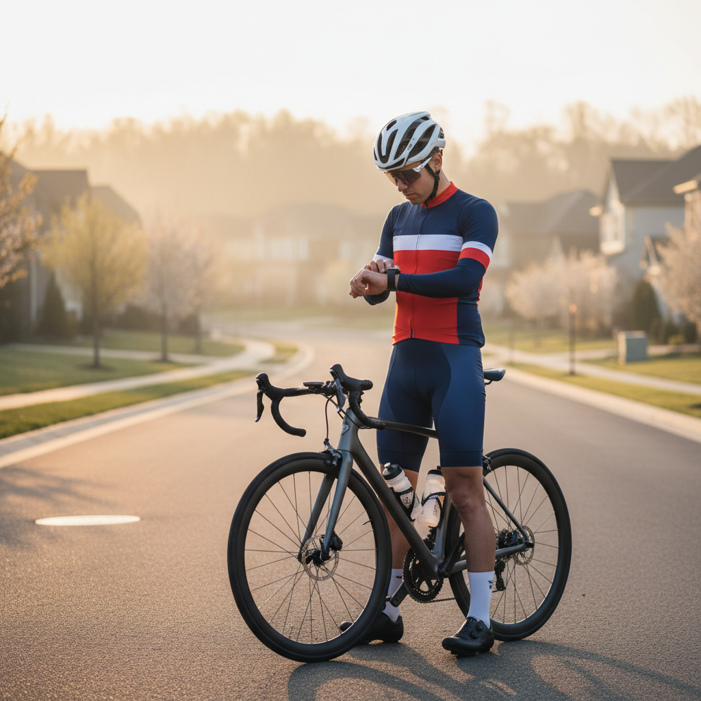 Cyclist checking a GPS cycling watch on handlebars before a ride