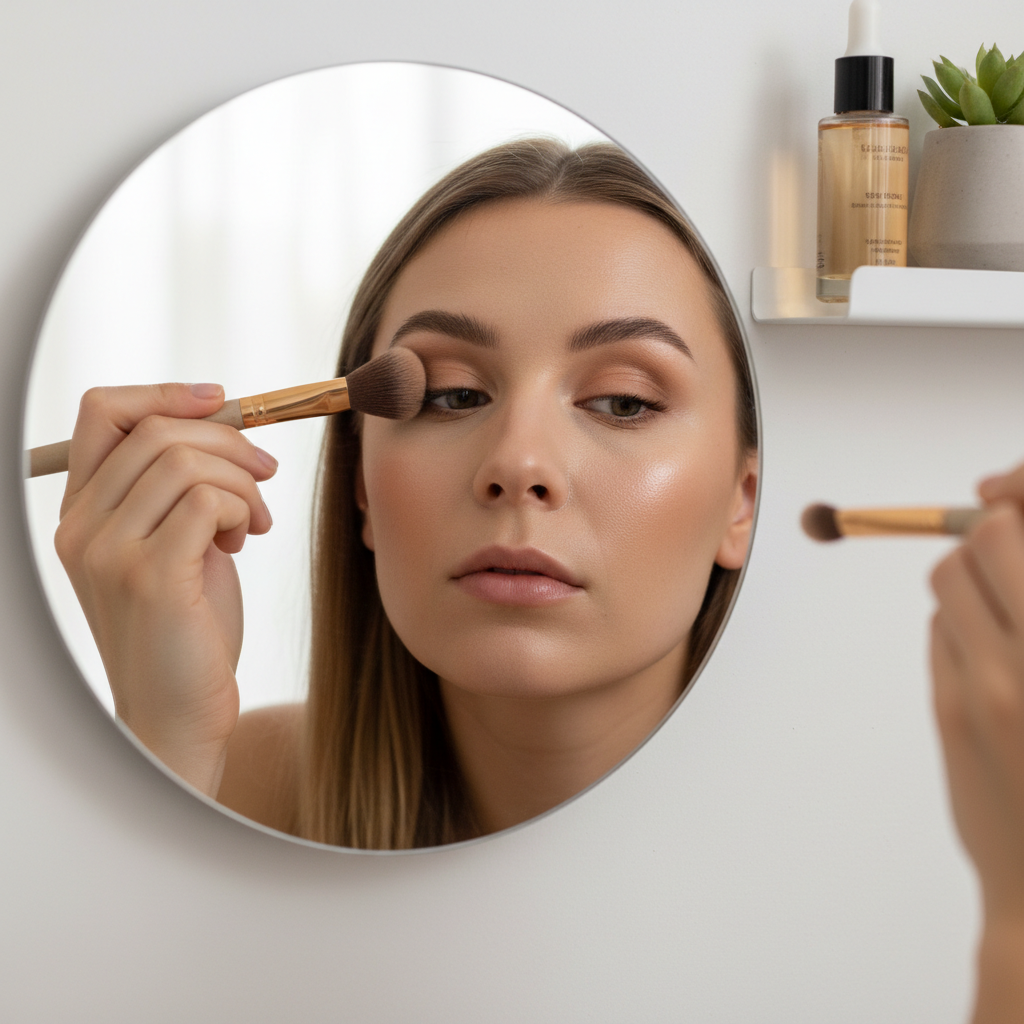 Beginner applying eyeshadow with a fluffy blending brush in soft natural light