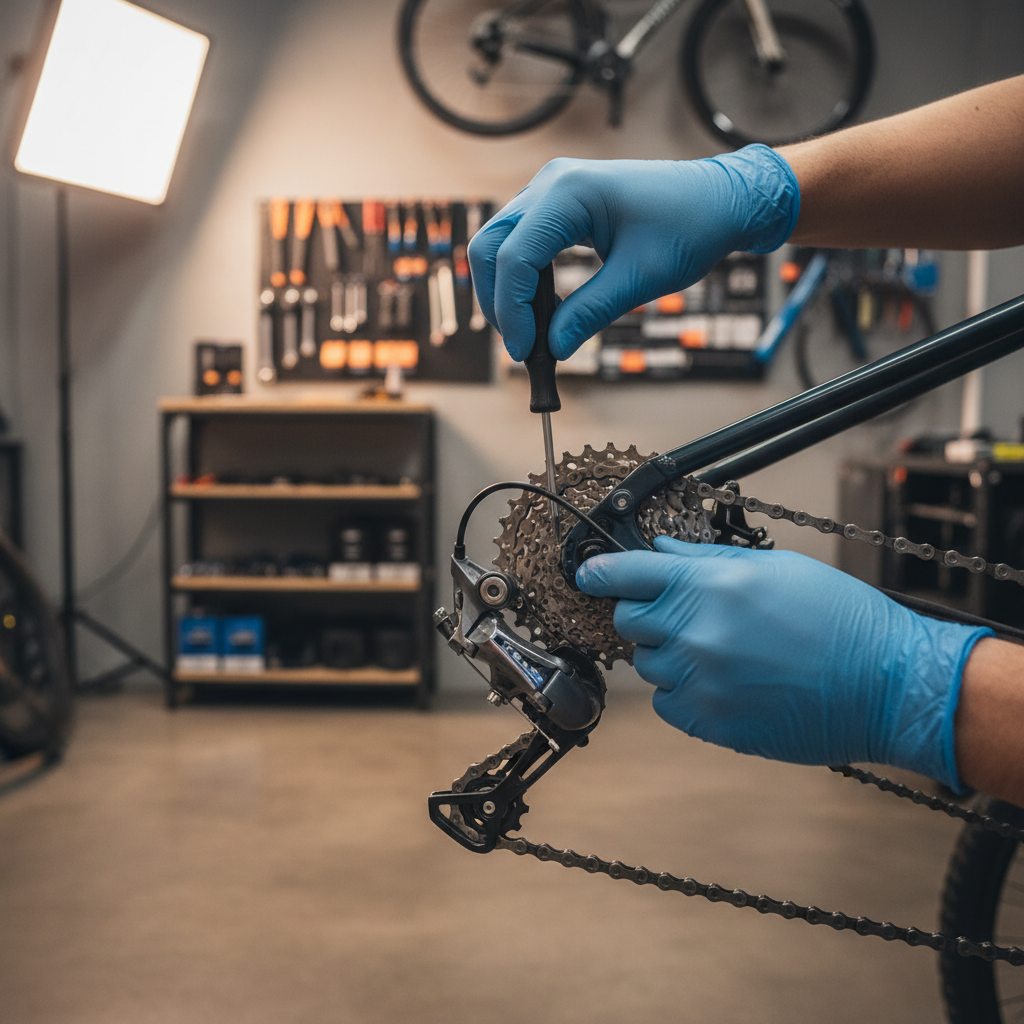 Mechanic adjusting rear derailleur limit screw to prevent chain from hitting spokes