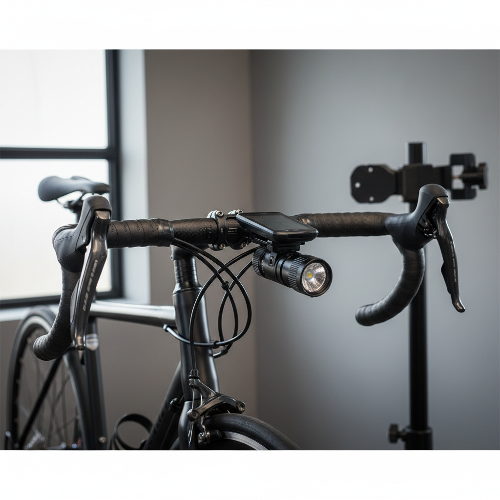Bike handlebar extender mounted near stem with accessories aligned