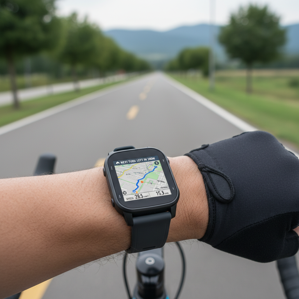 GPS watch navigation screen showing cycling route and turn guidance
