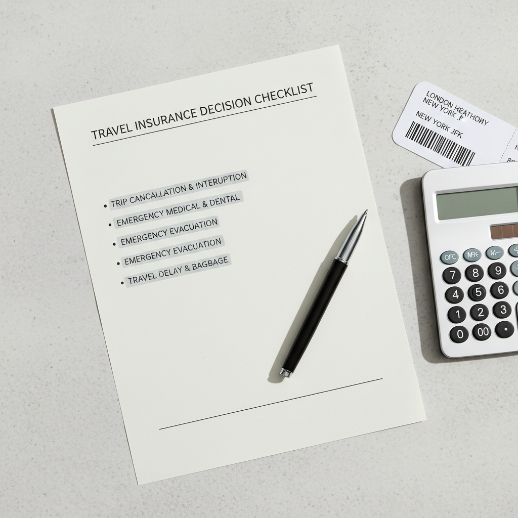Travel insurance decision checklist with coverage options and budget notes