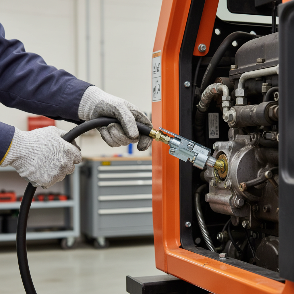 Mechanic using a locking grease coupler and whip hose in a tight clearance