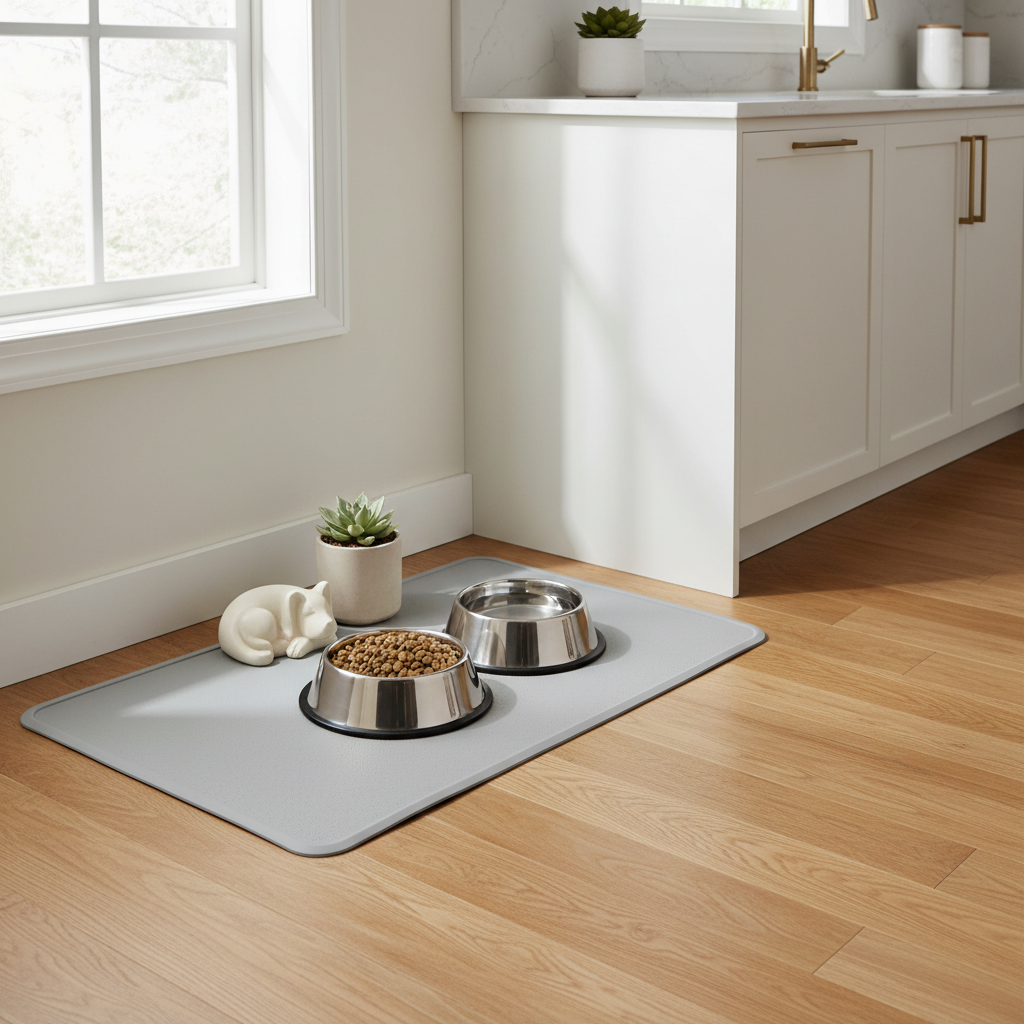 Dog bowl setup with silicone mat, heavy stainless bowl, and splash-proof water bowl in a clean feeding corner