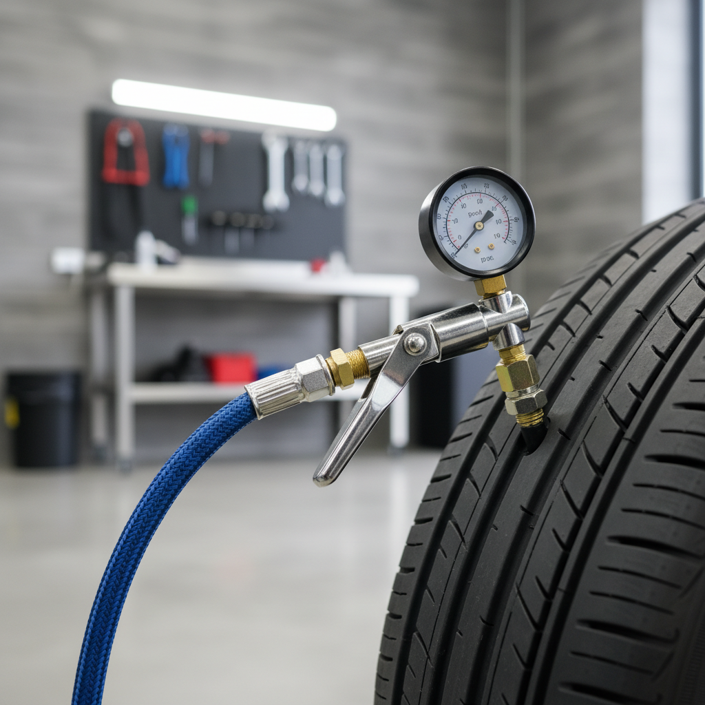 Air compressor hose connected to tire valve stem with a close-up of the chuck and gauge