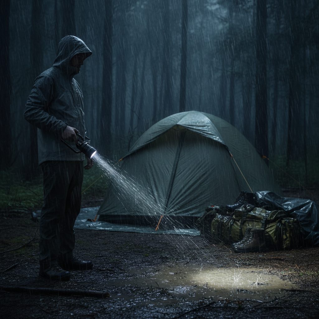 Camper using a durable flashlight at a rainy campsite at night