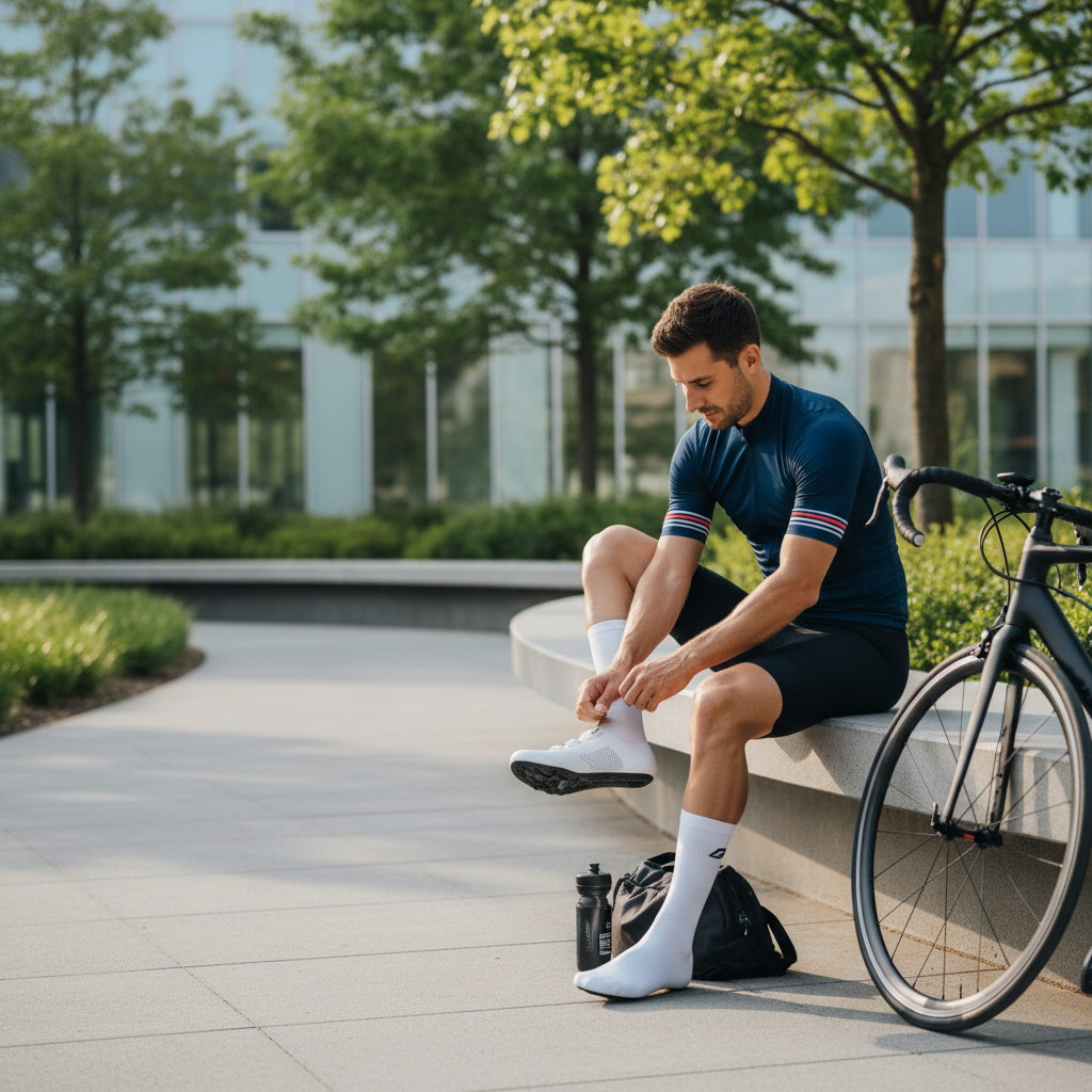 Cyclist adjusting sock fit and checking shoe ventilation before a ride