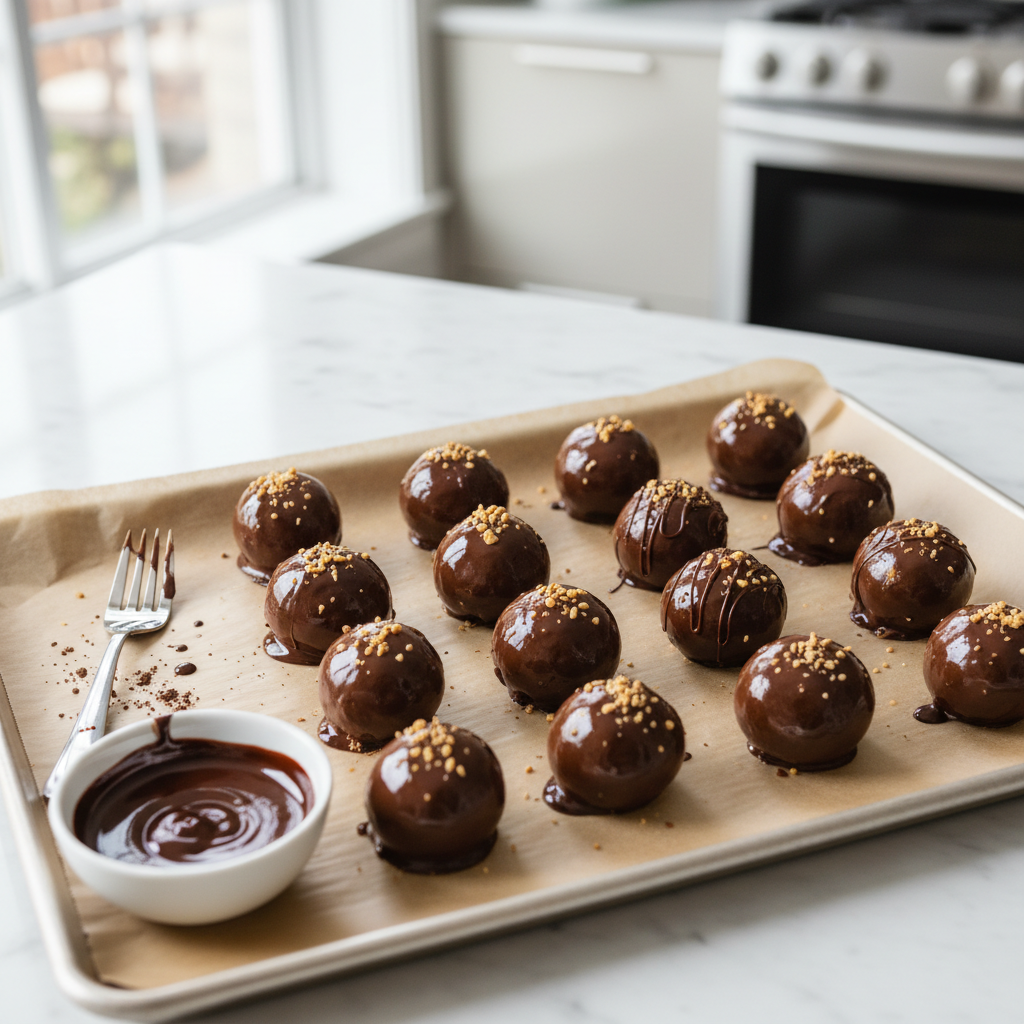 Chocolate-coated peanut butter balls setting on a parchment-lined tray