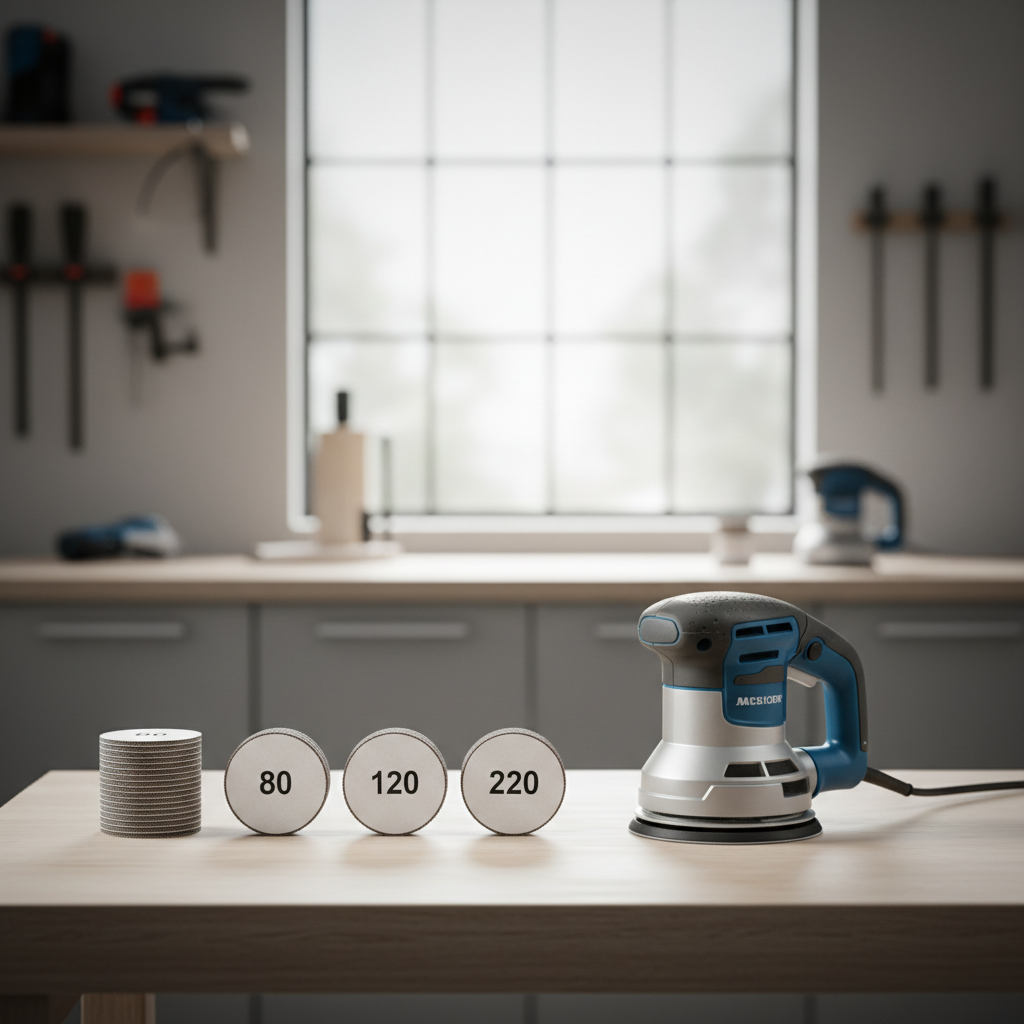 Random orbit sander and sandpaper discs laid out by grit for smooth wood sanding