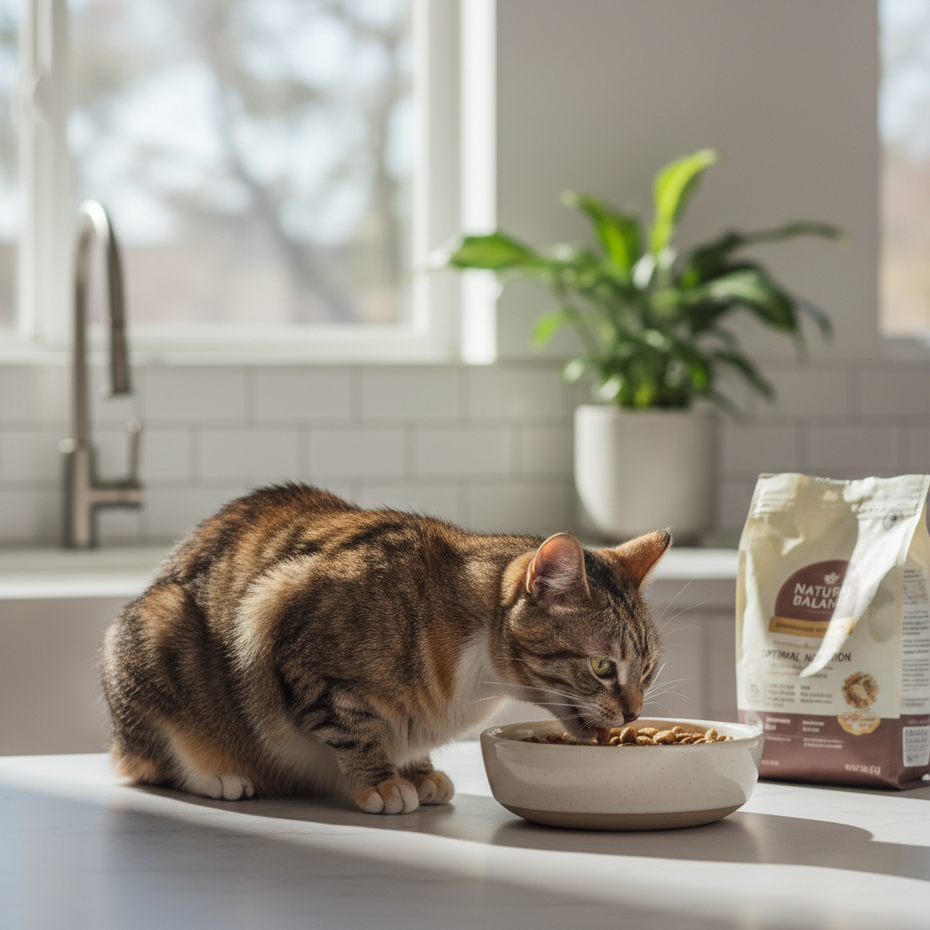 Cat eating dry kibble from bowl for sensitive stomach diet