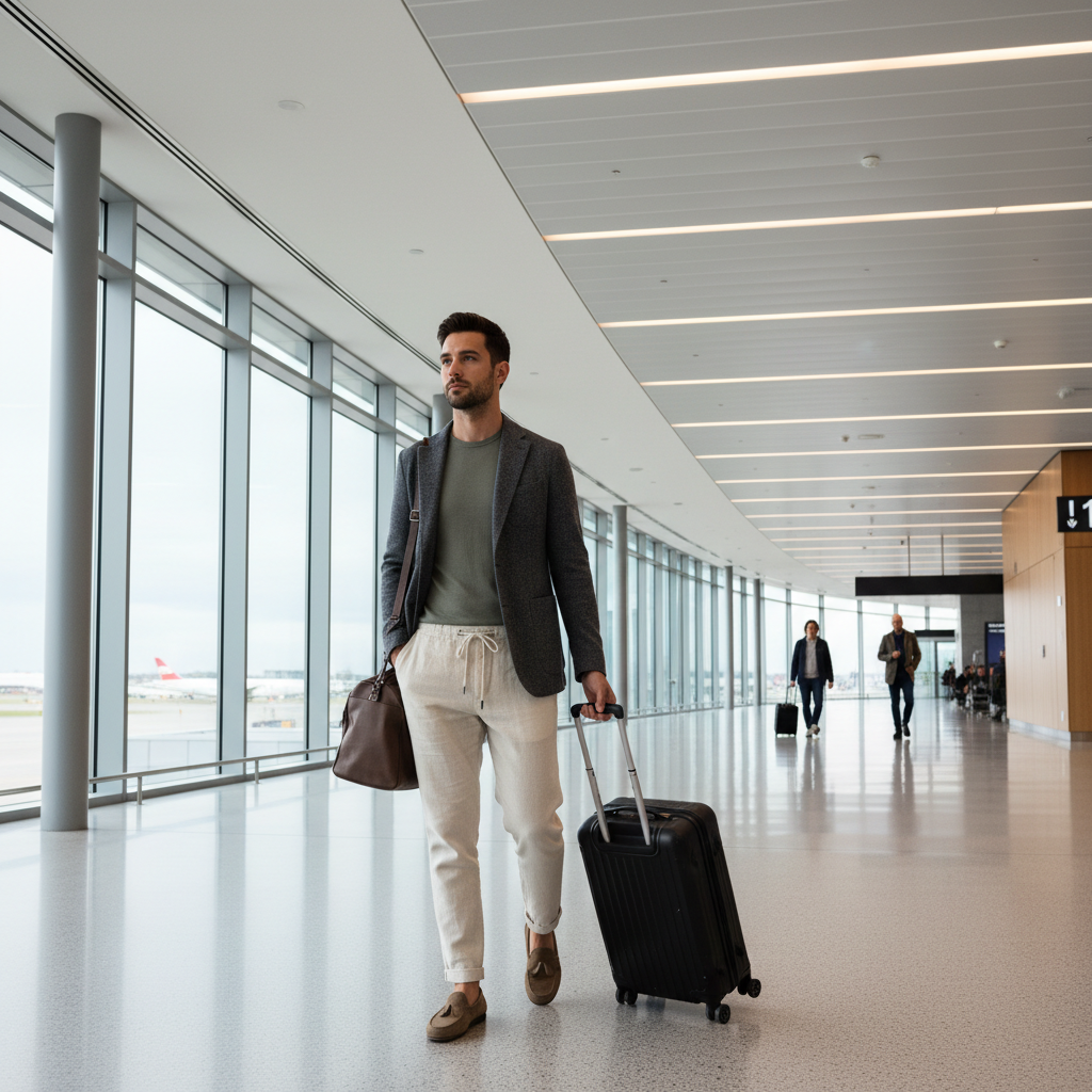 Traveler wearing soft tailoring at the airport with blazer and loafers