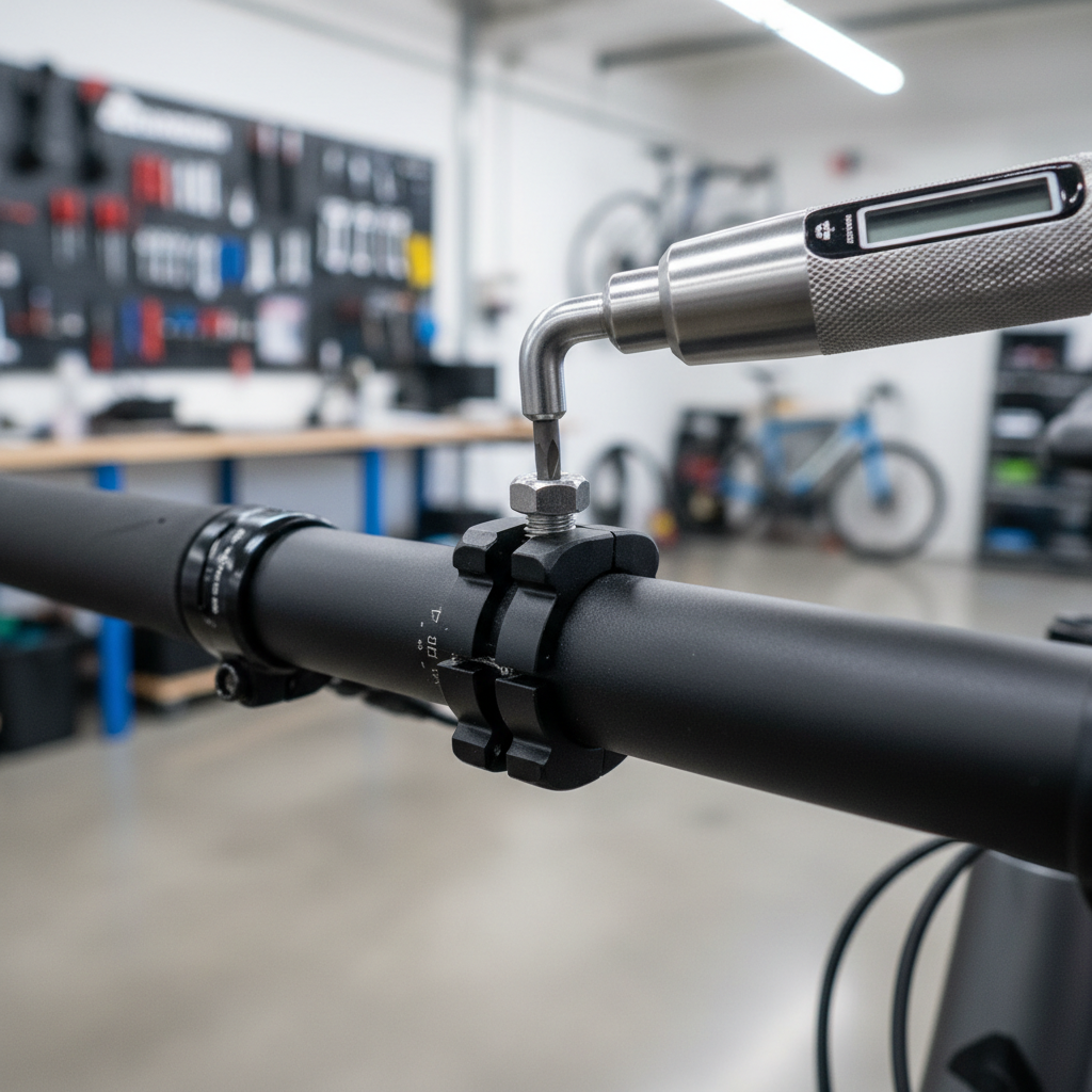 Torque wrench tightening handlebar extender clamp bolt on a bike