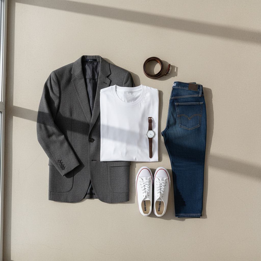 Budget-friendly capsule wardrobe essentials laid out for outfit planning