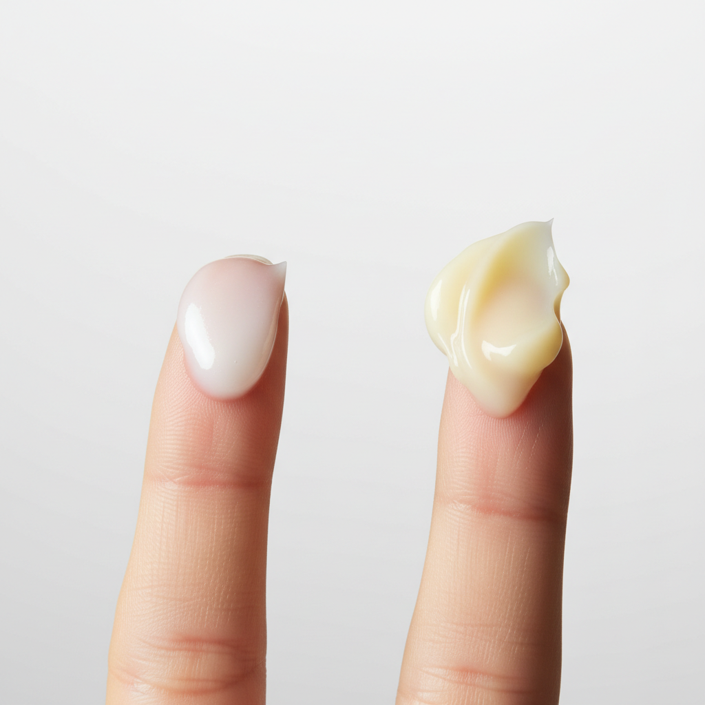 Hand cream texture comparison: lotion vs thick balm on fingertips