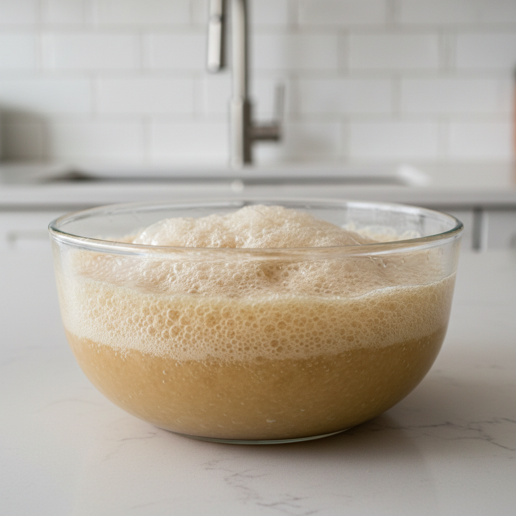 Foamy yeast proof in a glass bowl for homemade bread