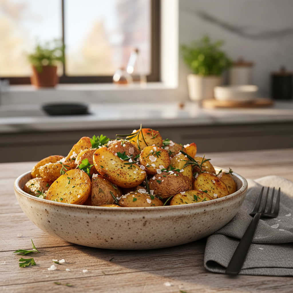 Finished crispy roasted potatoes tossed with herbs in a serving bowl
