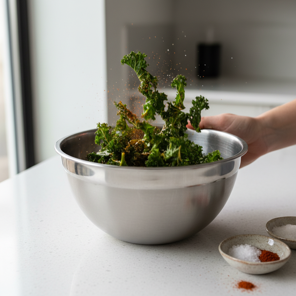 Seasoning kale chips with spices in a mixing bowl
