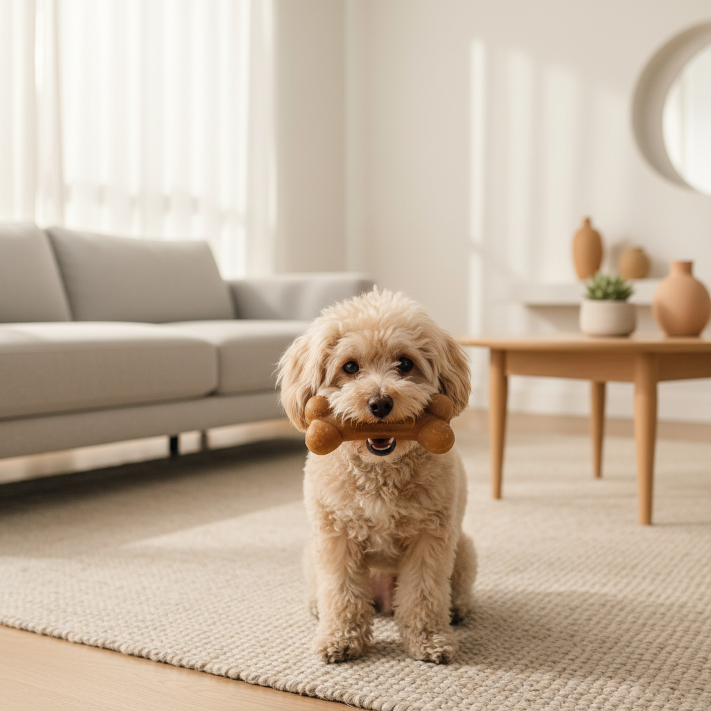 Small dog carrying an appropriately sized chew toy
