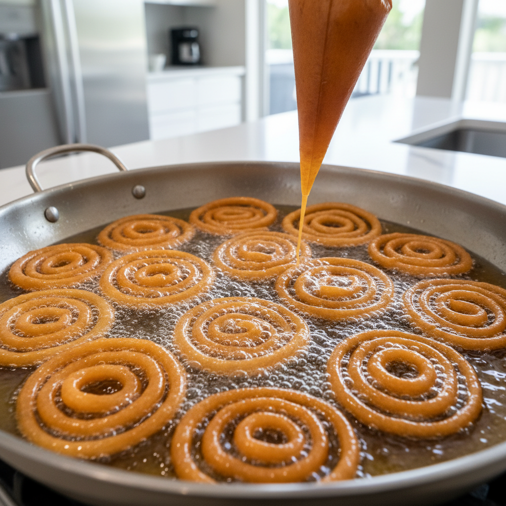 Crispy jalebi spirals frying in oil without yeast batter