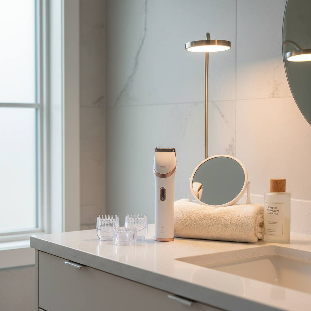 At-home bikini line trimming setup with trimmer, mirror, and towel