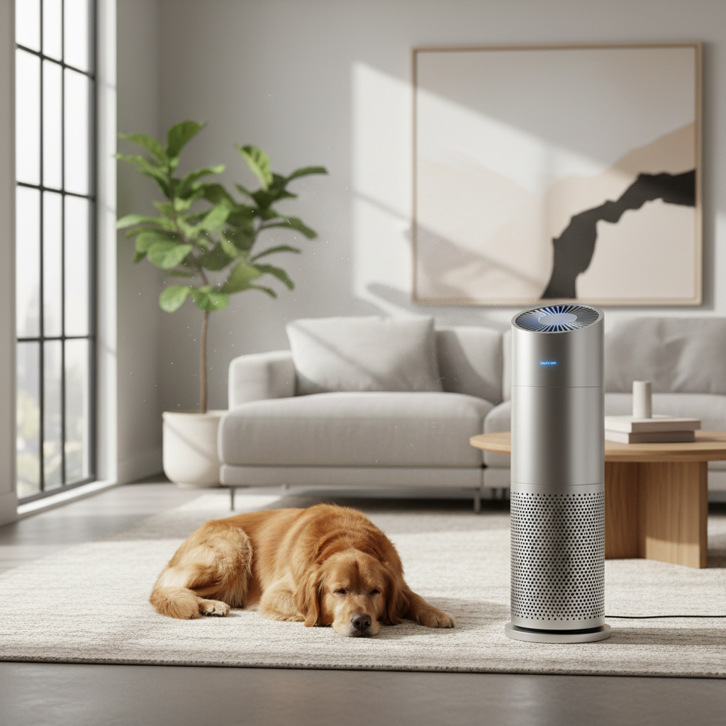 HEPA air purifier running in a living room with a dog to reduce pet odor