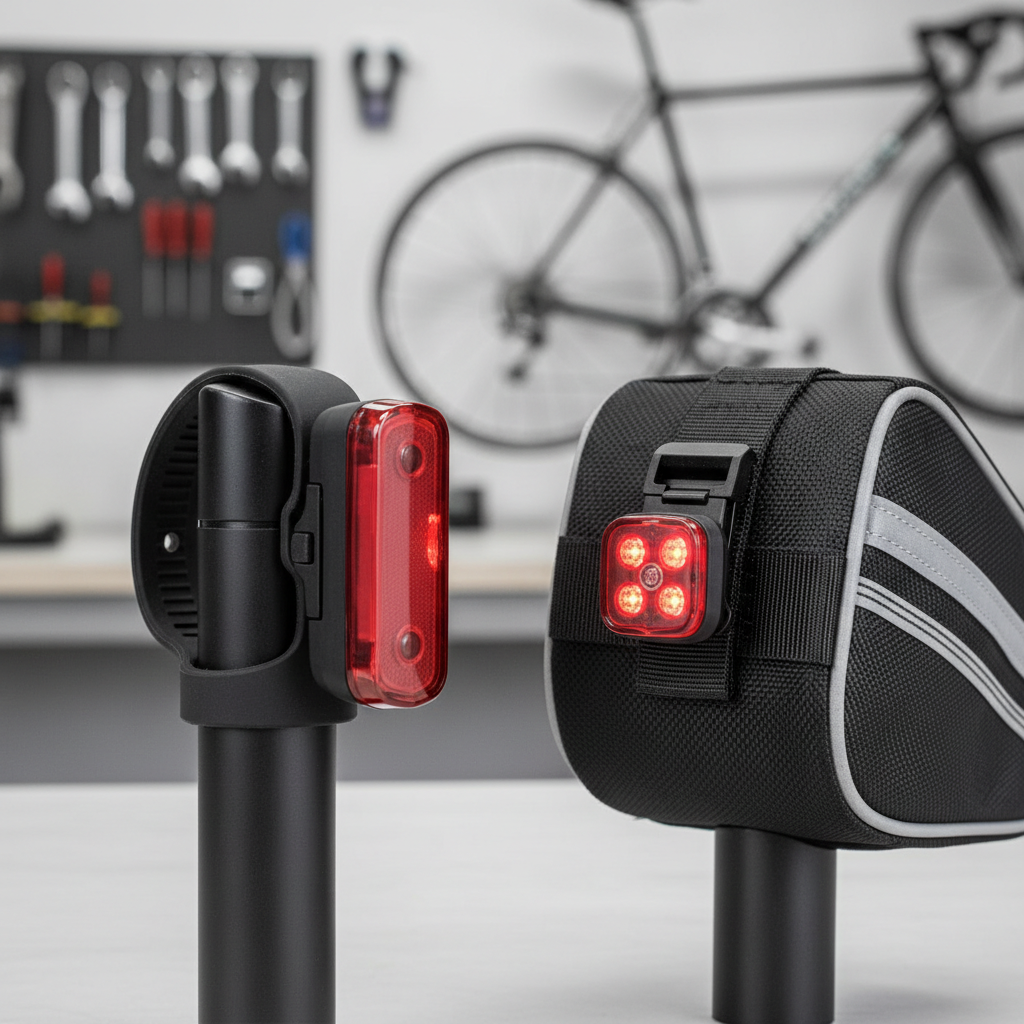 Close-up of bike tail light mount types silicone strap and rail mount