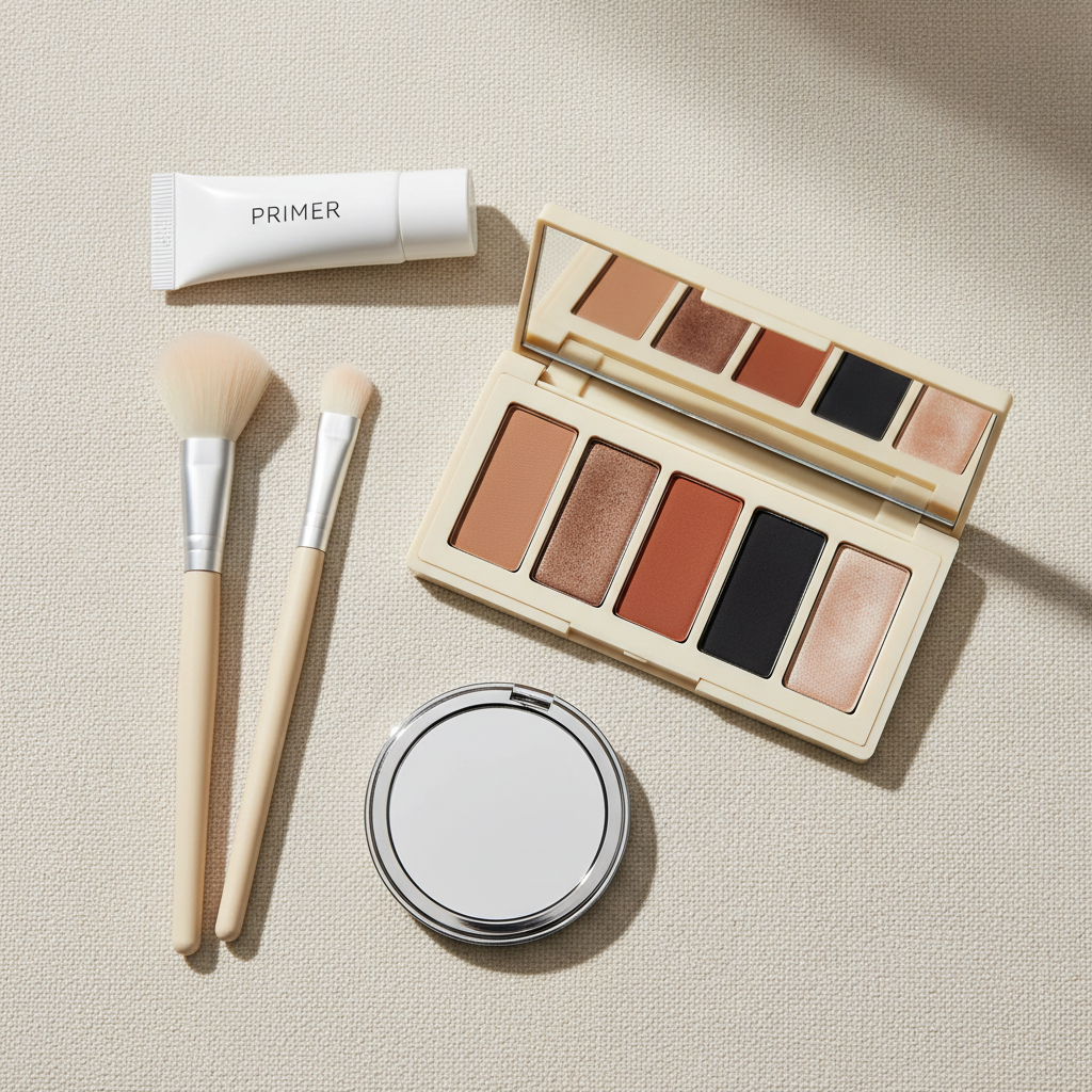 Makeup brushes and eyeshadow palette laid out for a simple beginner routine