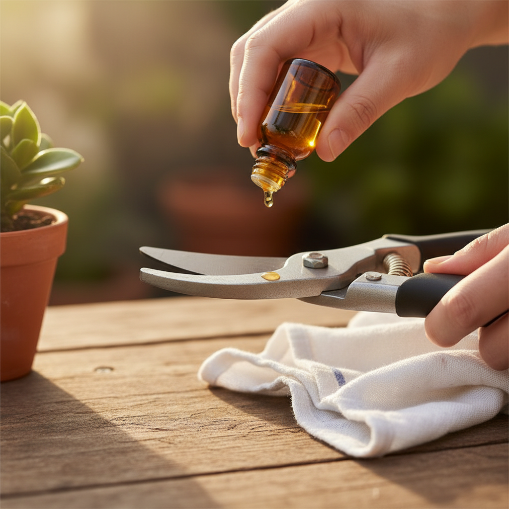Oiling and adjusting the pivot on garden shears after sharpening