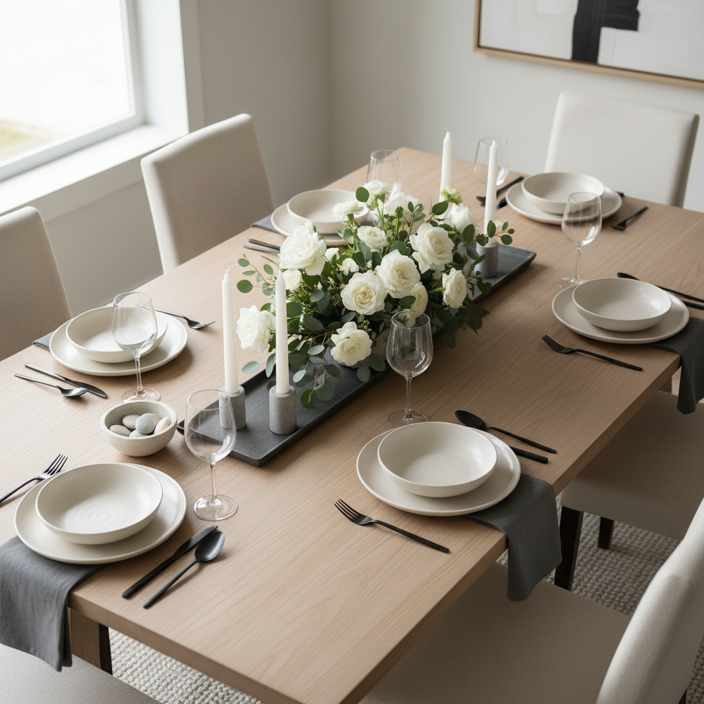 Dining table centerpiece sizing with tray and low arrangement