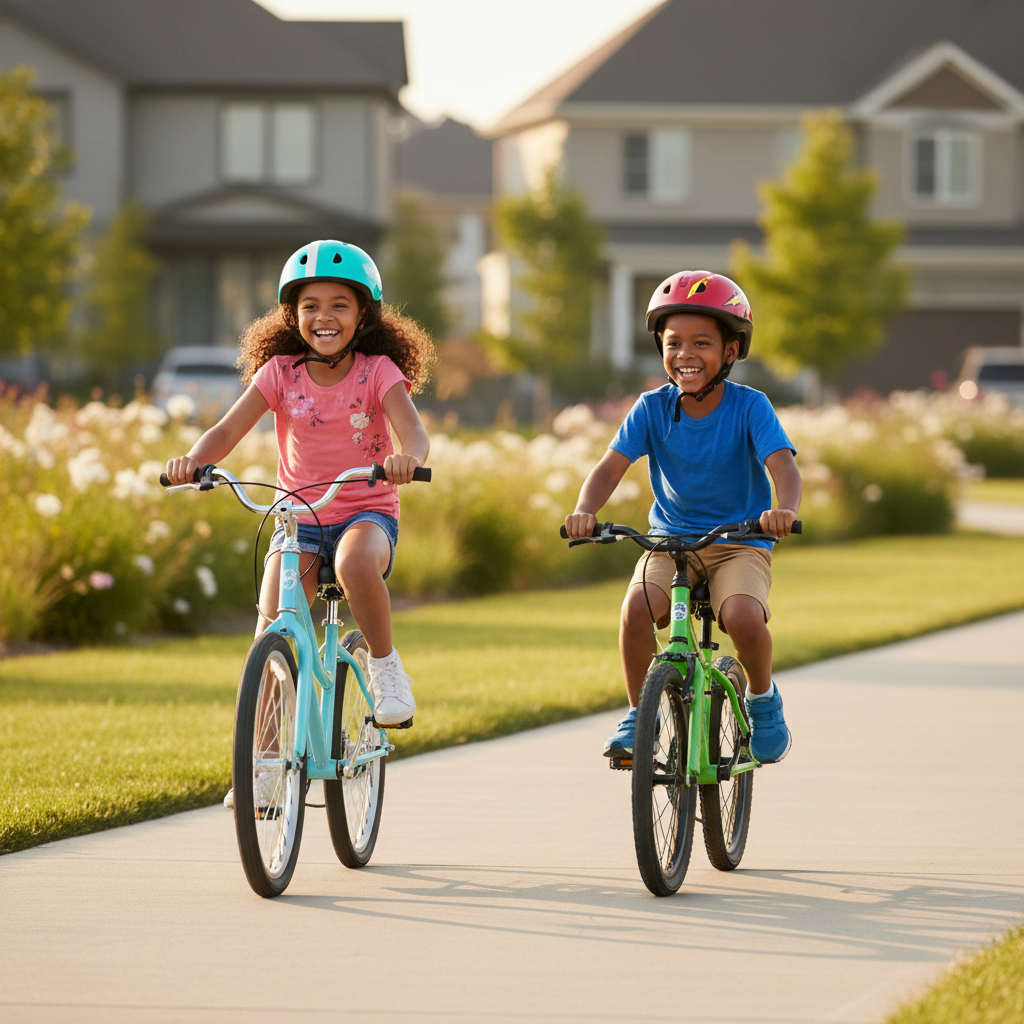 Kids riding bicycles on a neighborhood path wearing properly fitted helmets