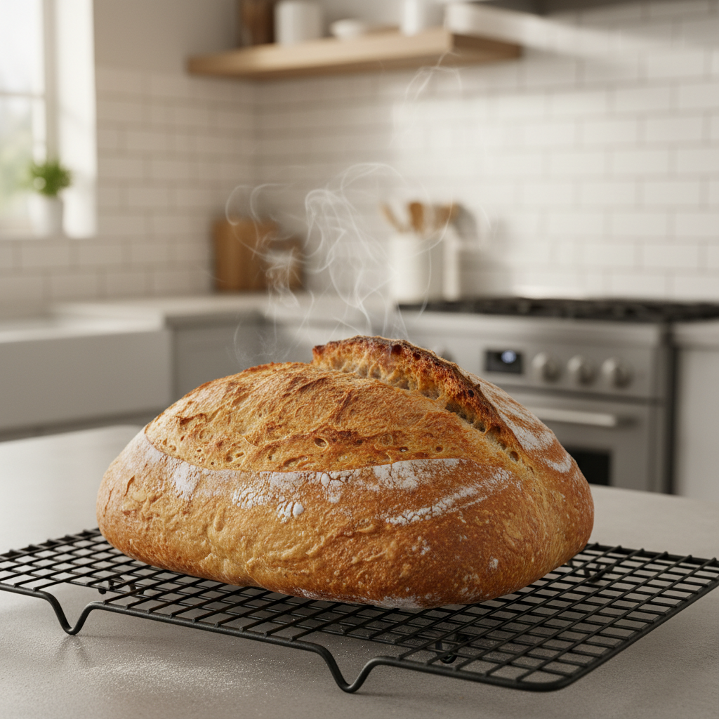Fresh baked homemade bread cooling on a rack in a modern kitchen