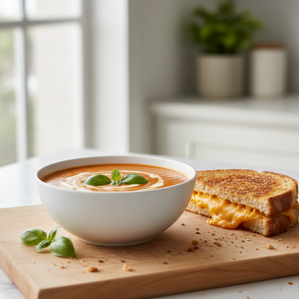 Creamy tomato soup in a bowl with basil and grilled cheese on the side