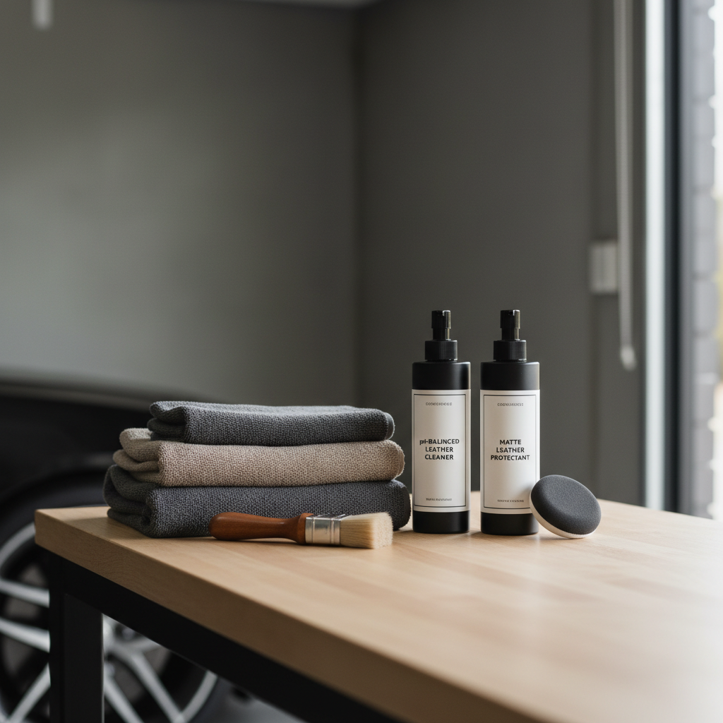 Leather cleaning kit with microfiber towels, soft brush, and leather protectant