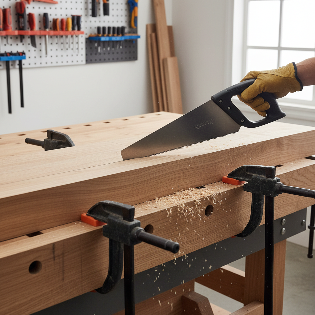 Hand saw cutting along a knife line with a clamped board on a workbench