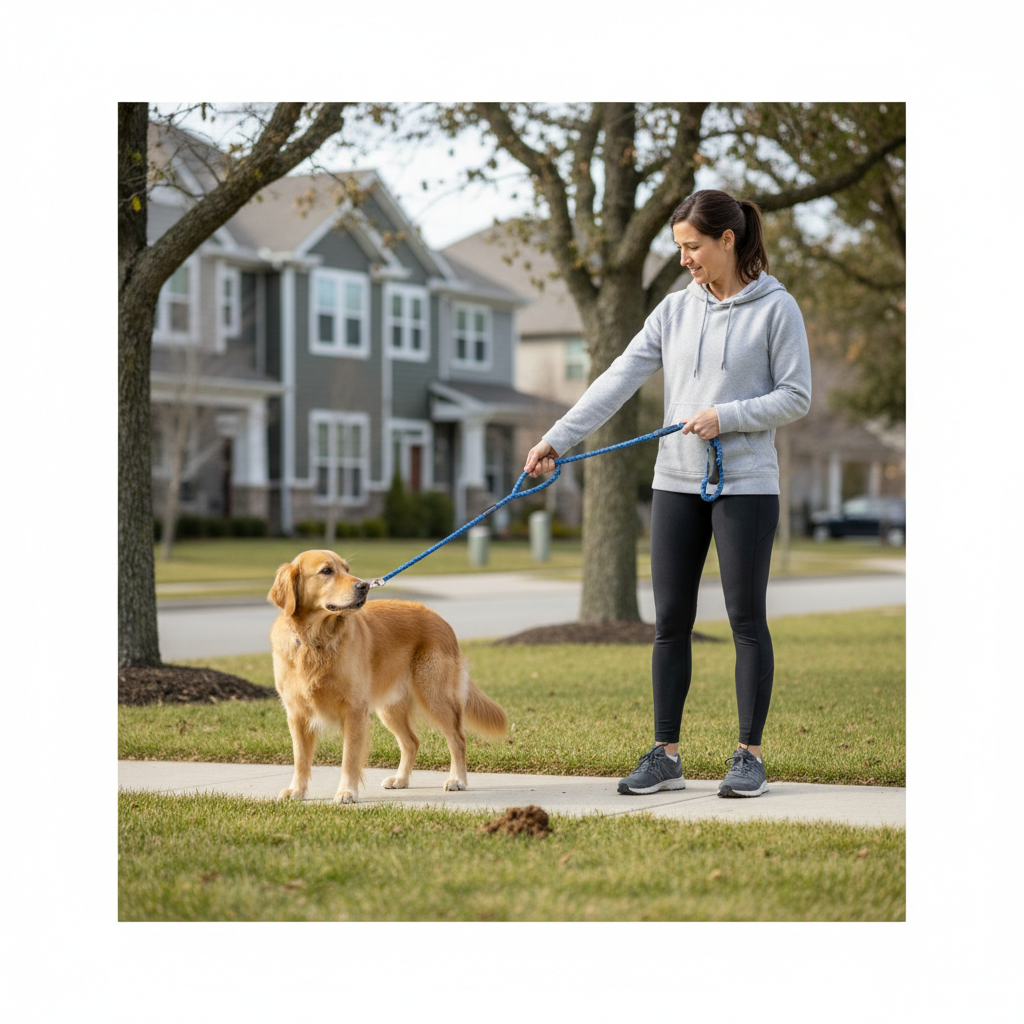 Owner preventing dog from eating poop during a leashed walk