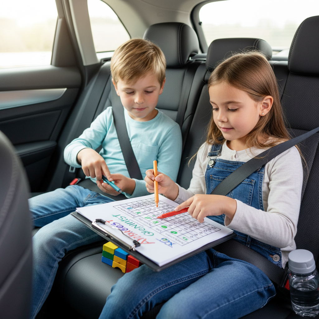 Kids using a cooperative scoring chart for road trip games