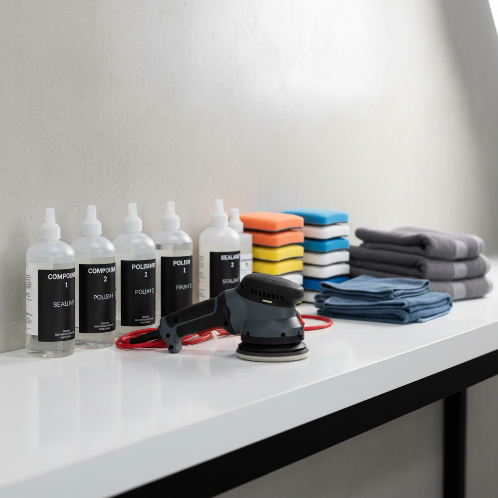 Car detailing workstation with polishes, pads, and dual-action polisher