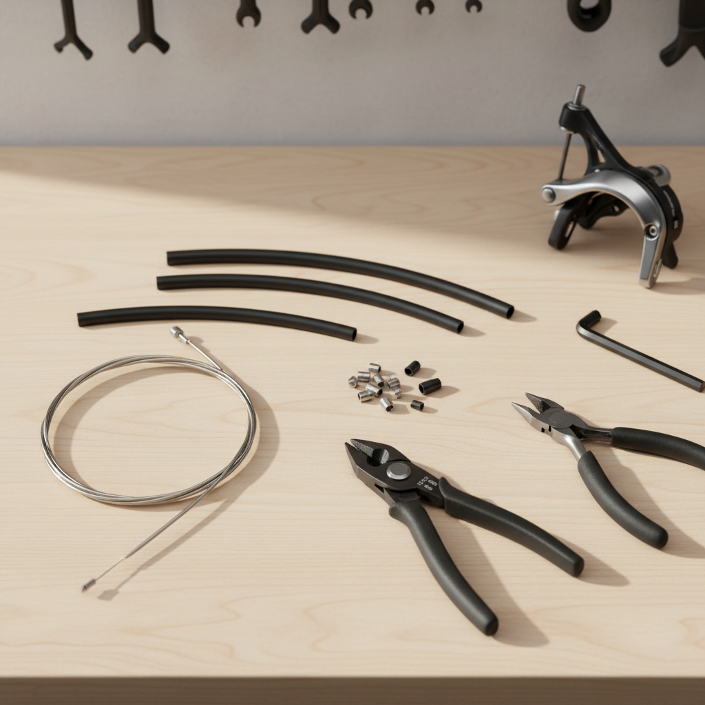 Tools and parts laid out to replace a bike brake cable