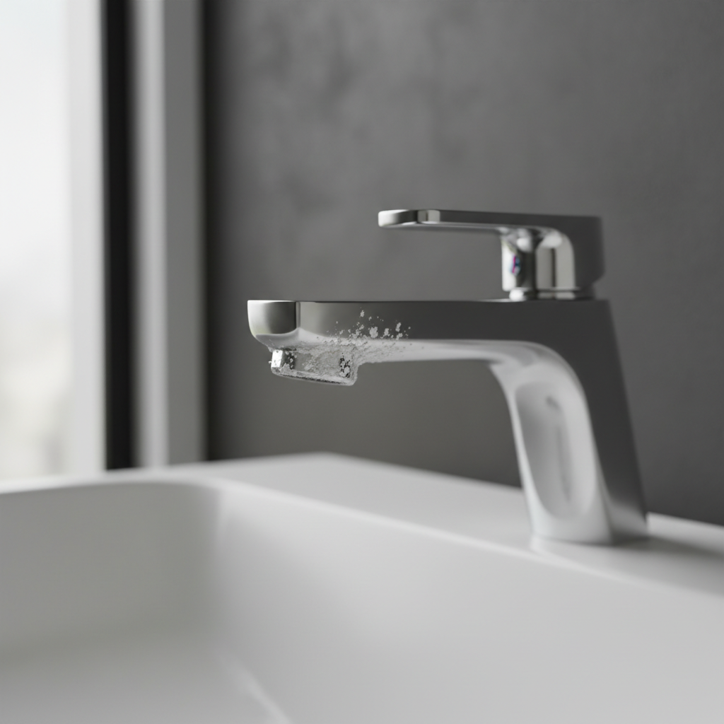Close-up of limescale buildup on a bathroom faucet and aerator