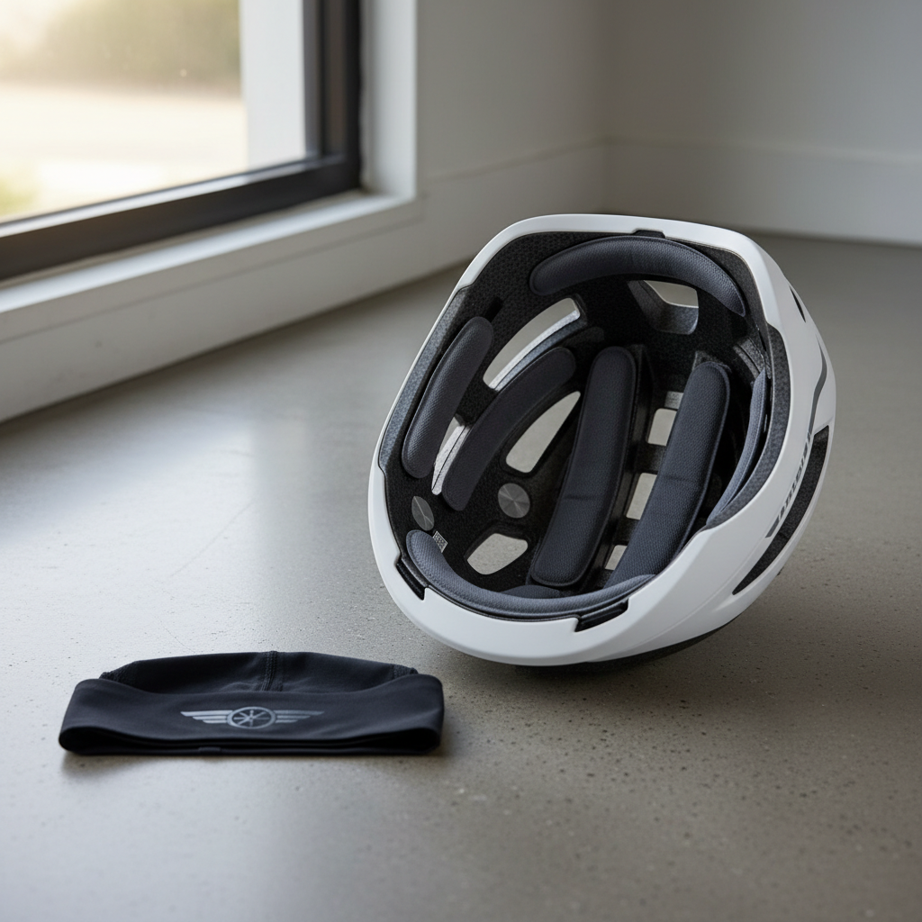 Helmet interior with clean pads and a thin cycling headband positioned for sweat control