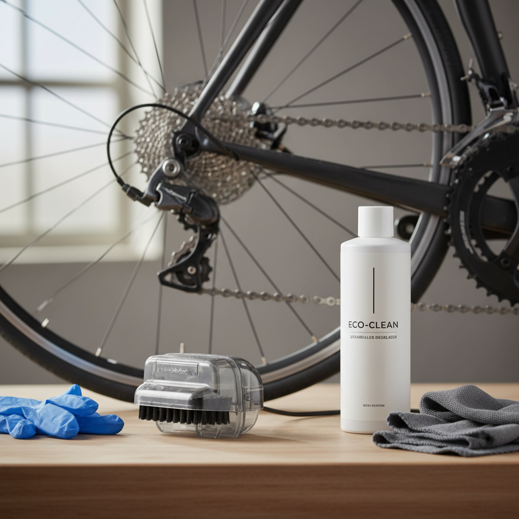 Bike chain cleaning setup with chain scrubber tool, degreaser, and microfiber cloth