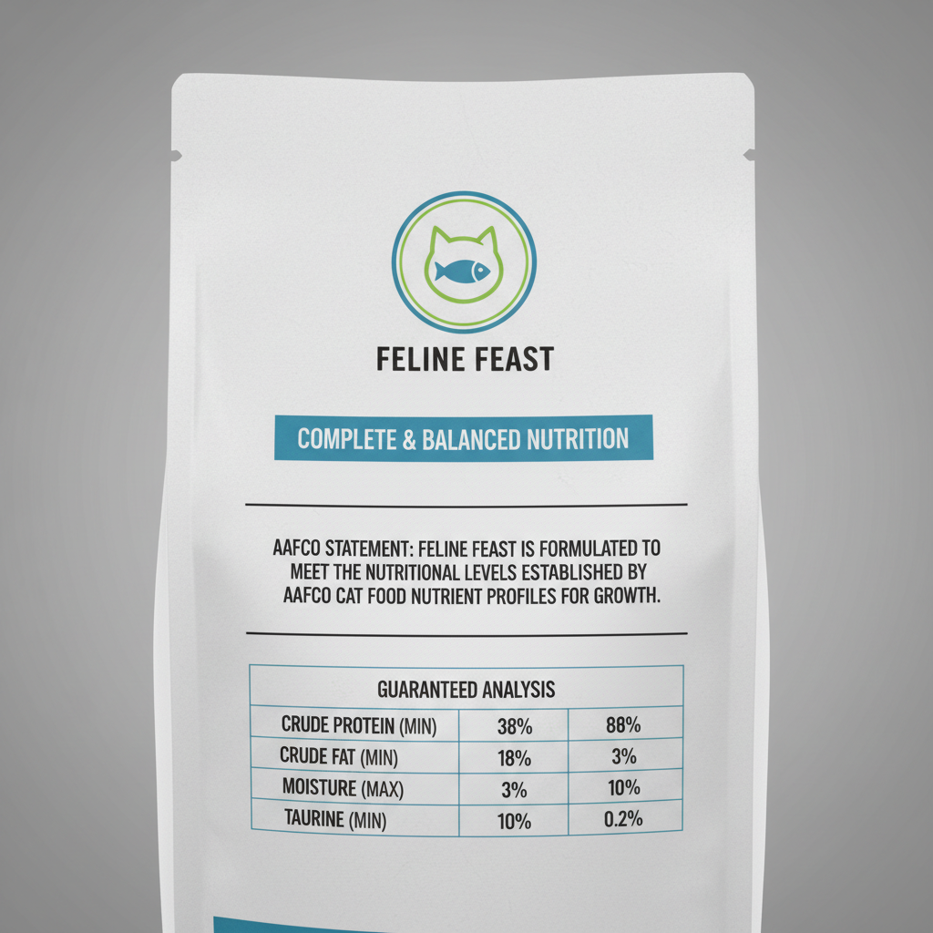 Pet food label close-up showing AAFCO growth statement and nutrition panel