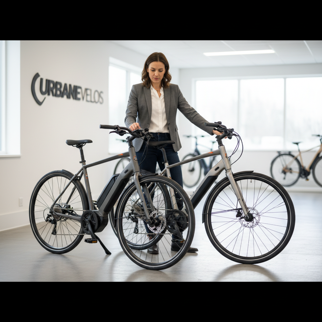 Adult rider comparing commuter electric bikes in a bike shop