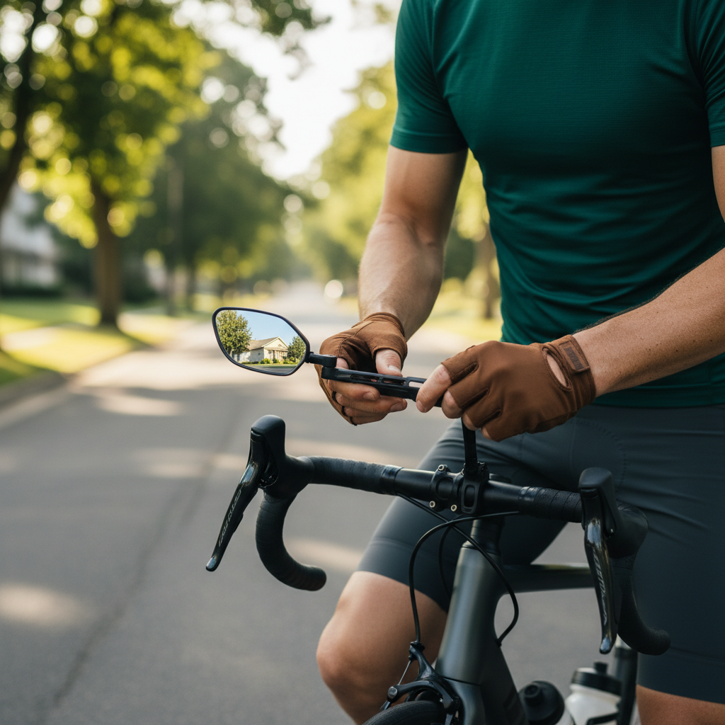 Cyclist adjusting a handlebar bike mirror for rear visibility