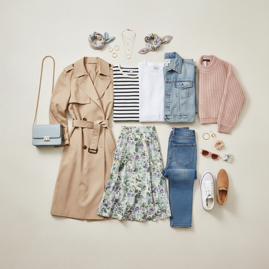 Capsule wardrobe flat lay for casual cute spring outfits