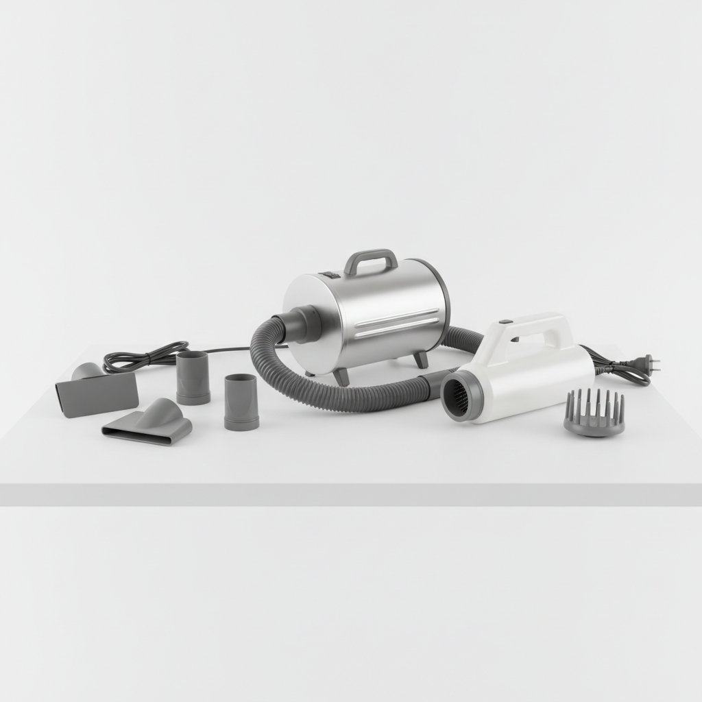 Comparison of pet forced-air dryers and attachments on a clean tabletop