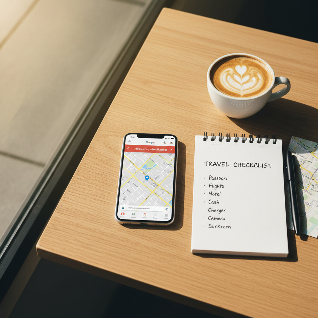 Offline Google Maps travel checklist on phone with airplane mode enabled