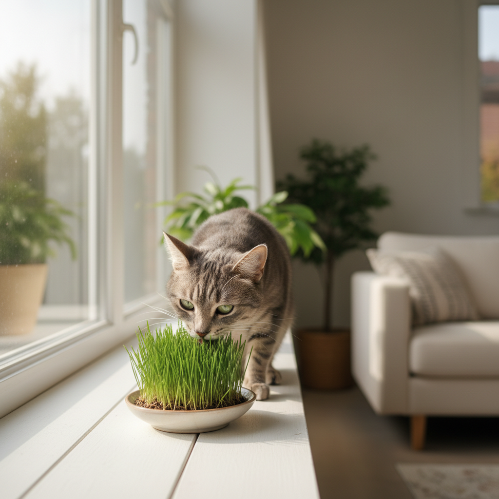 Indoor cat nibbling fresh cat grass by a sunny window